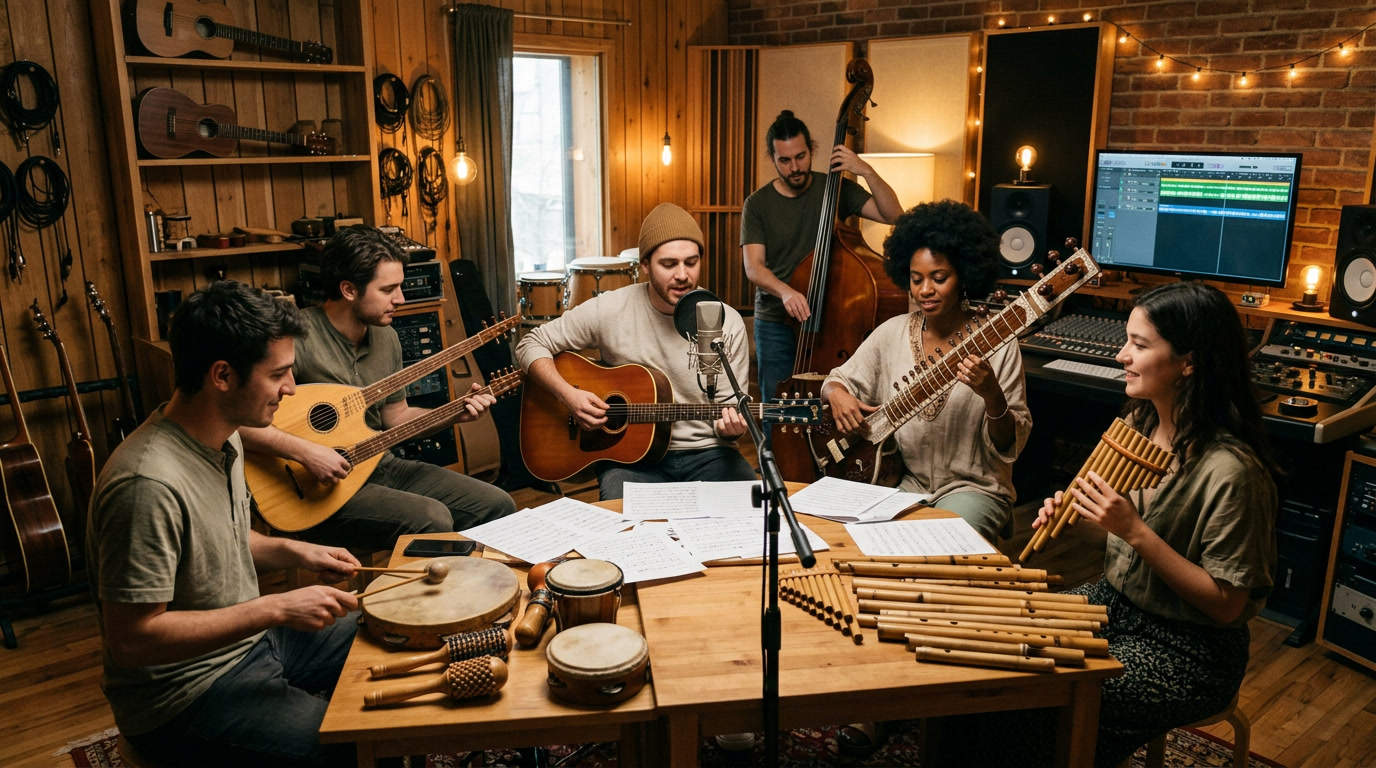 alat musik tradisional, musik folk modern, aransemen musik rakyat, instrumen Nusantara, perkembangan musik folk